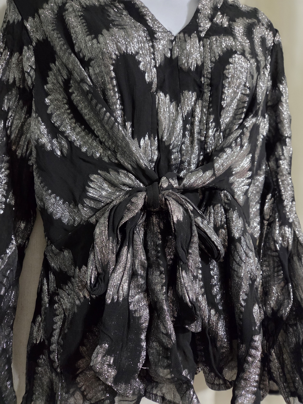 Kaktus Black & Silver Tie-Front Metallic Blouse - Picture 3 of 8